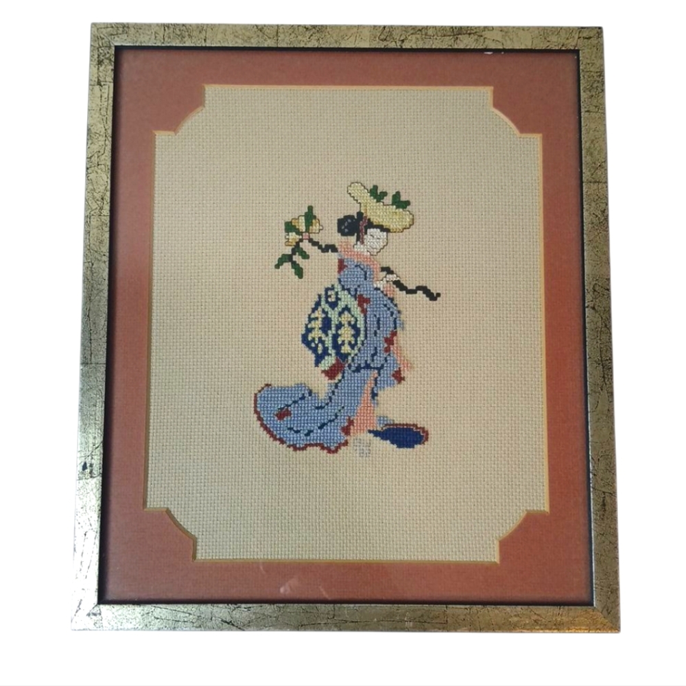 Pretty Asian Japanese Geisha Girls Cross Stitch, Completed, Framed &‎ Matted
